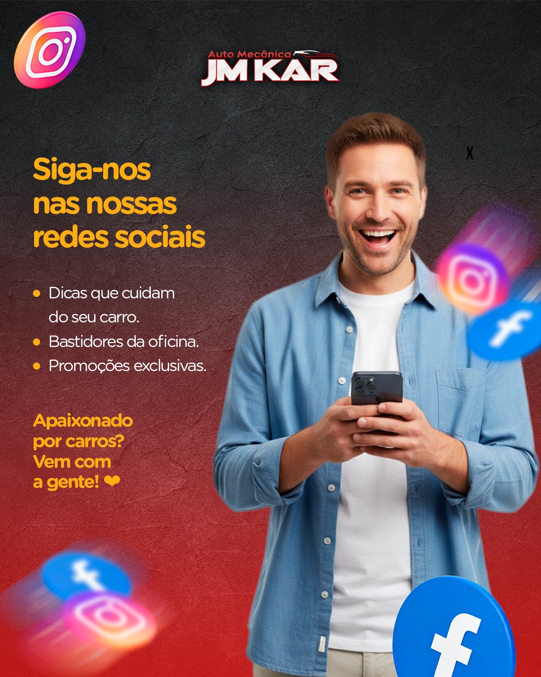 ❤ Siga-nos nas nossas redes sociais.

● Dicas que cuidam do seu carro.
● Bastidores da oficina.
● Promoções exclusivas.

Apaixonado por carros?
Vem com a gente! ❤

📲 Acesse nossos conteúdos: links na bio

#RevisãoAutomotiva #MecânicaJMKAR #ManutençãoPreventiva #SegurançaNoTrânsito #CarroEmDia #OficinaDeConfiança #CuidadoComCarro #DicaDeMecanica