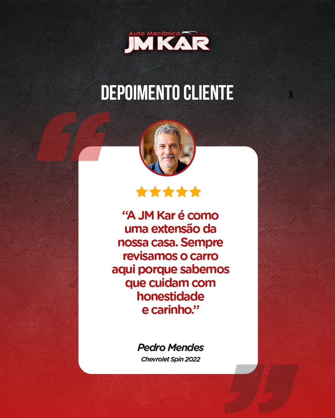 💬 DEPOIMENTO DE QUEM CONHECE E CONFIOU!

“A JM Kar é como uma extensão da nossa casa. Sempre revisamos o carro aqui porque sabemos que cuidam com honestidade e carinho.”
— Pedro Mendes — Chevrolet Spin 2022

🚗 Aqui, cada depoimento é uma prova do nosso compromisso com a qualidade e a confiança!

👉 Famílias confiam em famílias.

📱 Agende sua revisão pelo WhatsApp:
(14) 99841-5306

#DepoimentoReal #FamíliaDeClientes #JMKar #AutoridadeAutomotiva #Confiança