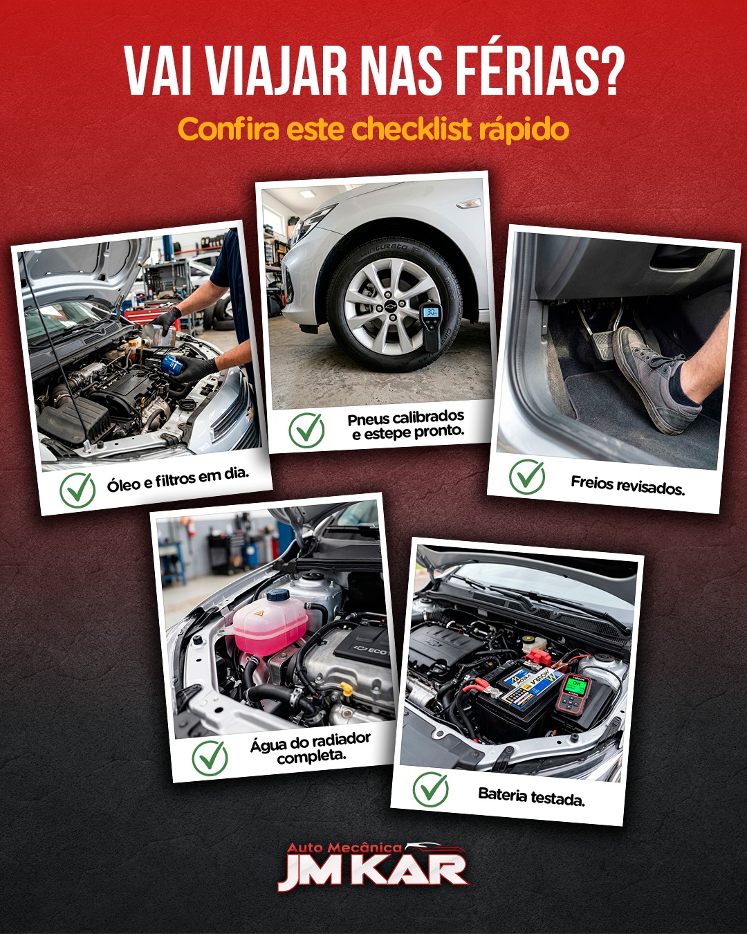 🚗 VAI VIAJAR NAS FÉRIAS? CONFIRA ESTE CHECKLIST RÁPIDO:

✔ Óleo e filtros em dia.
✔ Pneus calibrados e estepe pronto.
✔ Freios revisados.
✔ Água do radiador completa.
✔ Bateria testada.

👉 Revisão é o passaporte da sua viagem tranquila.

💾 Salve para usar antes da próxima estrada.

📱 Agende sua revisão pelo WhatsApp:
(14) 99841-5306

#ViagemSegura #ChecklistDeViagem #JMKar #ManutençãoPreventiva #CarroPronto