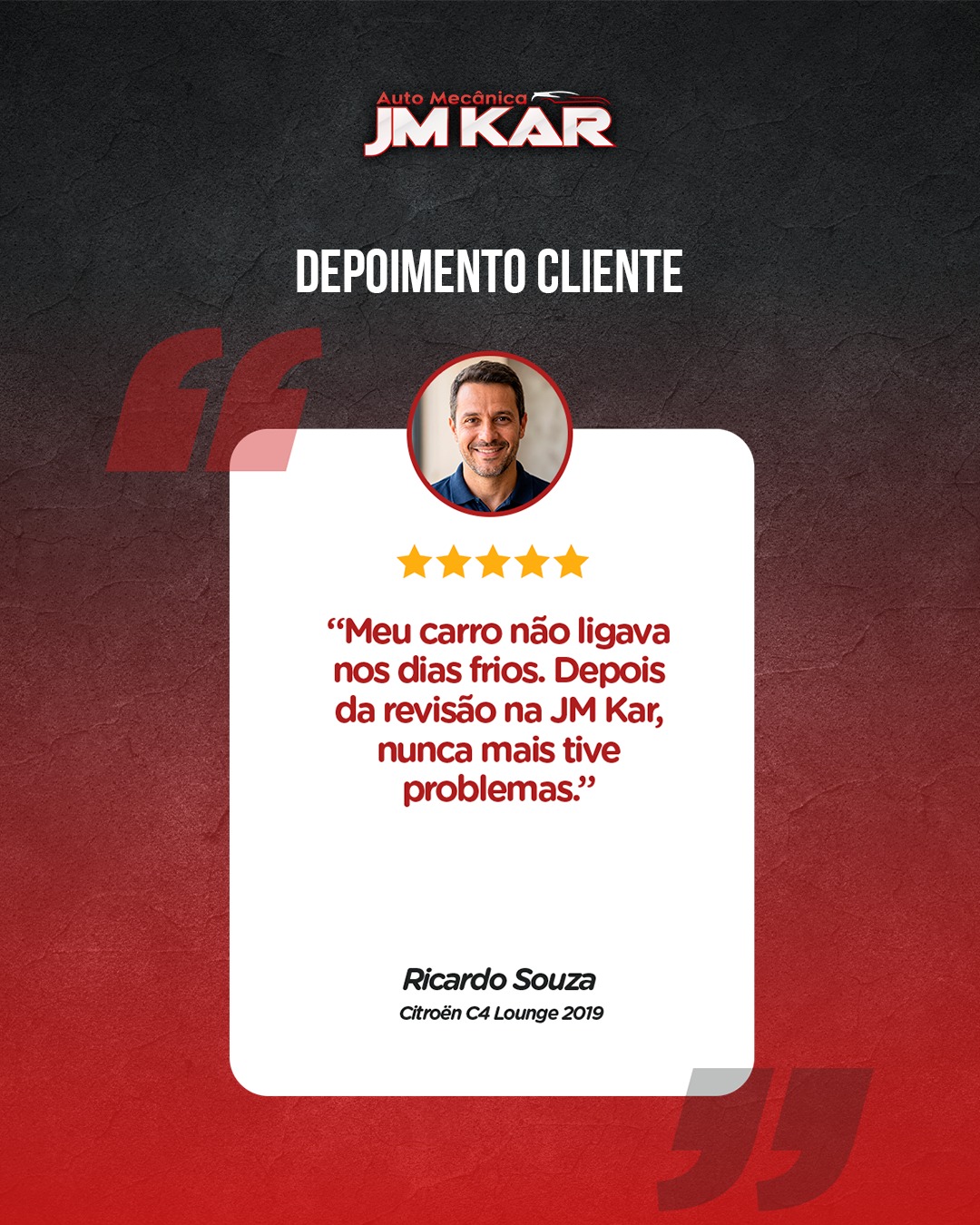 💬 DEPOIMENTO DE QUEM CONHECE E CONFIOU!

“Meu carro não ligava nos dias frios. Depois da revisão na JM Kar, nunca mais tive problemas.”
— Ricardo Souza — Citroën C4 Lounge 2019

🚗 Aqui, cada depoimento é uma prova do nosso compromisso com a qualidade e a confiança!

👉 Pequenos cuidados geram grandes diferenças.

📱 Agende sua revisão pelo WhatsApp:
(14) 99841-5306

#ClienteSatisfeito #CaseDeSucesso #JMKar #AutoridadeAutomotiva #InvernoSeguro