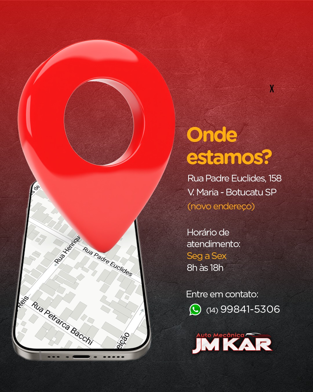 📍 ONDE ESTAMOS?

Rua Padre Euclides, 158 - V. Maria - Botucatu SP
(novo endereço)

⏰ Horário de atendimento:
Segunda a sexta: 8h às 18h

Entre em contato pelo WhatsApp:
(14) 99841-5306

#JMKAR #OficinaBotucatu #MecânicaBotucatu #OndeEstamos #Localização #CarroFrances #CâmbioAutomático